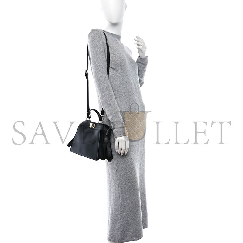 FENDI VITELLO SETA SHINY NAPPA LOGO EMBOSSED LACES SMALL PEEKABOO I SEE U SATCHEL BLACK (27*20*11cm)